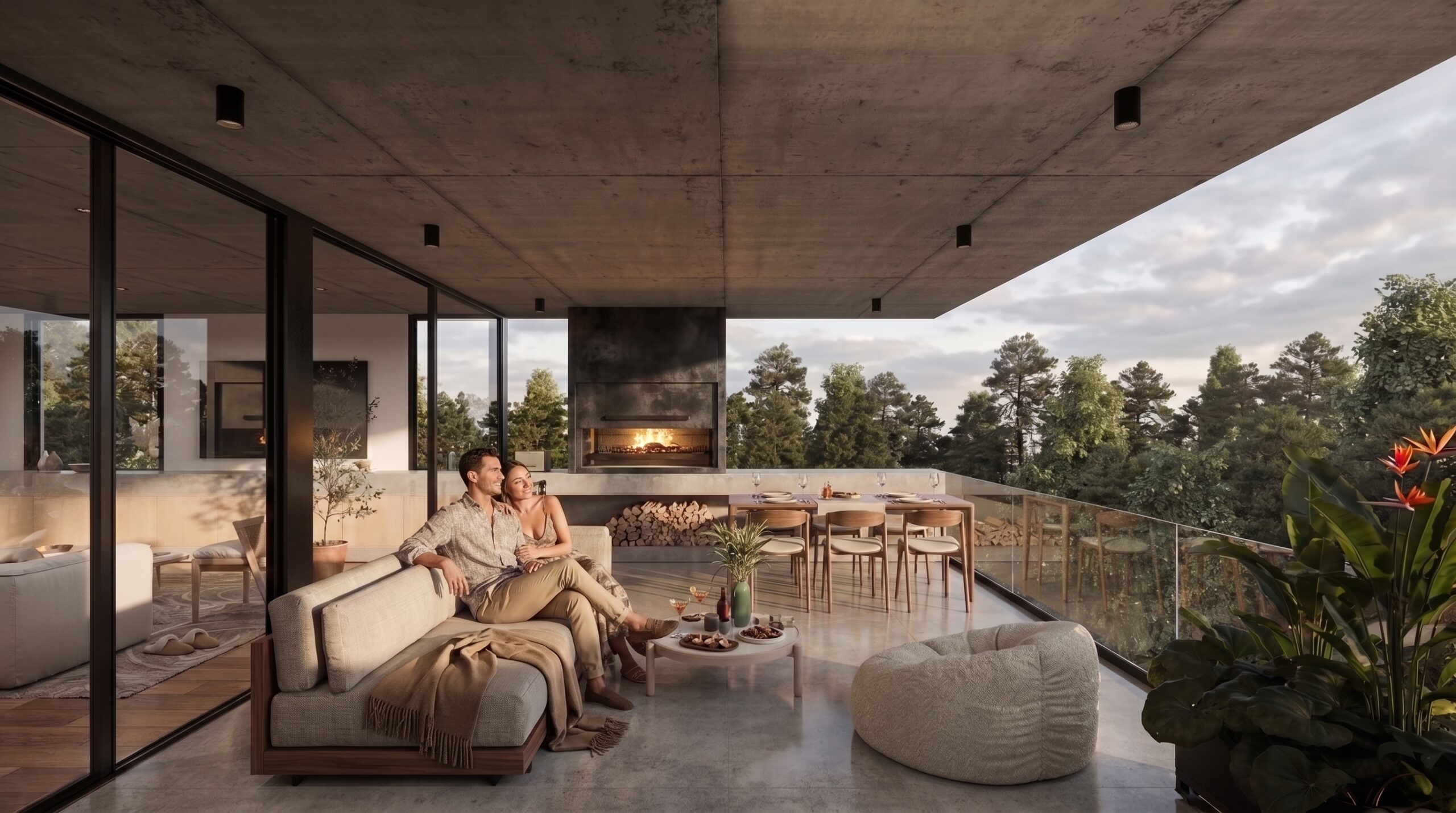Terraza privada de AURA Pinamar Norte con vistas al bosque