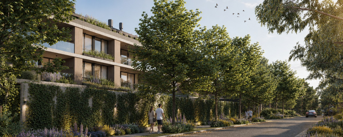 Render arquitectónico de BOTANICA Apparts en City Bell, que muestra el diseño contemporáneo del proyecto, su materialidad, sus espacios y la integración con la naturaleza.