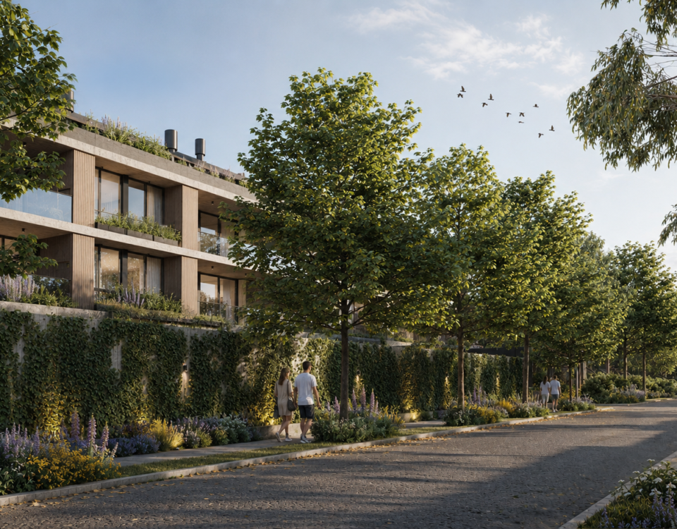 Render arquitectónico de BOTANICA Apparts en City Bell, que muestra el diseño contemporáneo del proyecto, su materialidad, sus espacios y la integración con la naturaleza.