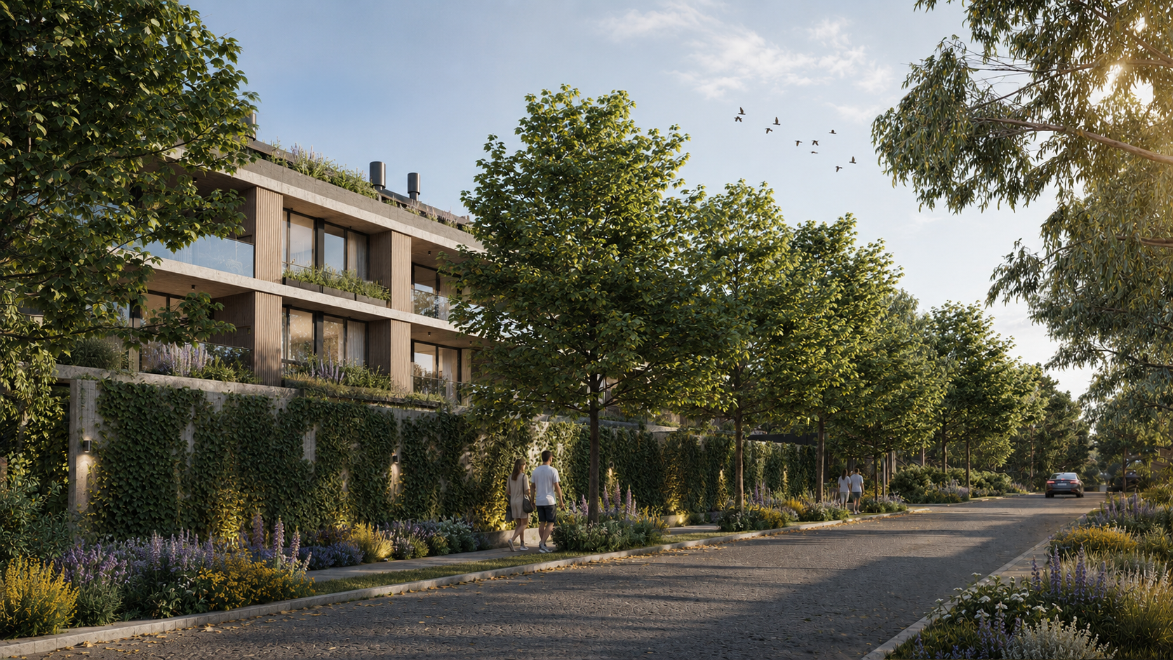 Render arquitectónico de BOTANICA Apparts en City Bell, que muestra el diseño contemporáneo del proyecto, su materialidad, sus espacios y la integración con la naturaleza.