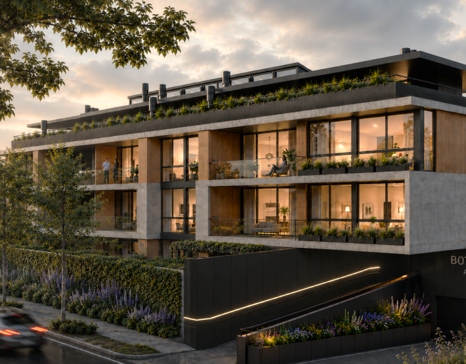 Render exterior de BOTANICA Apparts en City Bell, con dos bloques residenciales de baja escala integrados a un entorno verde.