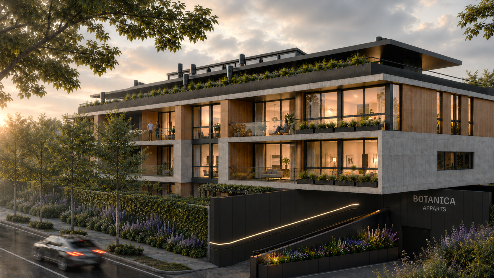 Render exterior de BOTANICA Apparts en City Bell, con dos bloques residenciales de baja escala integrados a un entorno verde.