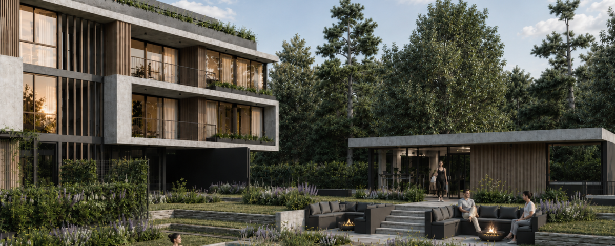 Render arquitectónico de BOTANICA Apparts en City Bell, que muestra el diseño contemporáneo del proyecto, su materialidad, sus espacios y la integración con la naturaleza.