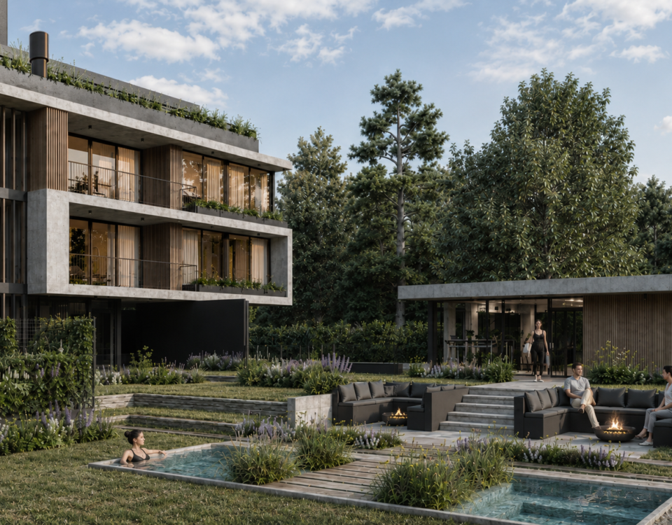 Render arquitectónico de BOTANICA Apparts en City Bell, que muestra el diseño contemporáneo del proyecto, su materialidad, sus espacios y la integración con la naturaleza.