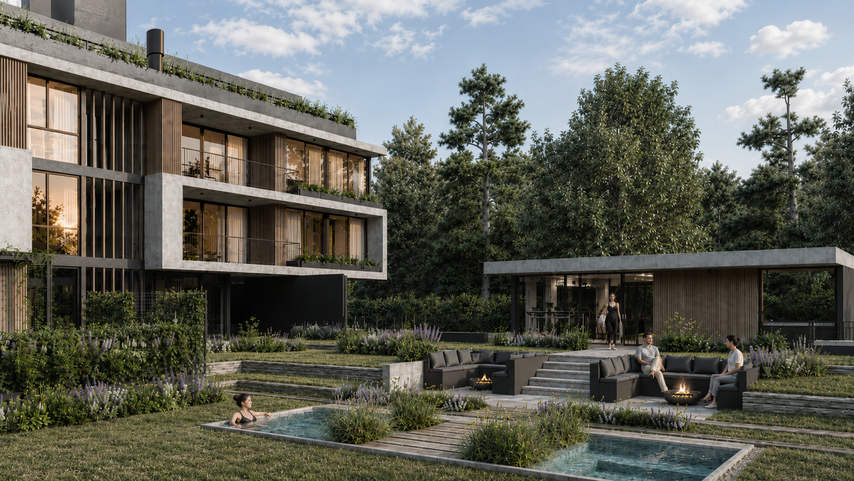 Render arquitectónico de BOTANICA Apparts en City Bell, que muestra el diseño contemporáneo del proyecto, su materialidad, sus espacios y la integración con la naturaleza.
