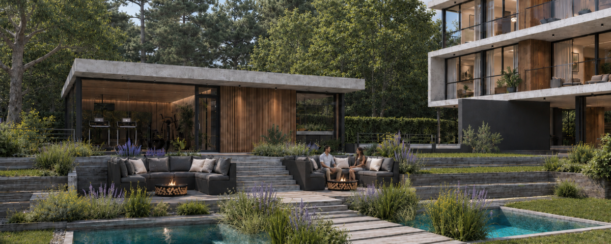 Render arquitectónico de BOTANICA Apparts en City Bell, que muestra el diseño contemporáneo del proyecto, su materialidad, sus espacios y la integración con la naturaleza.