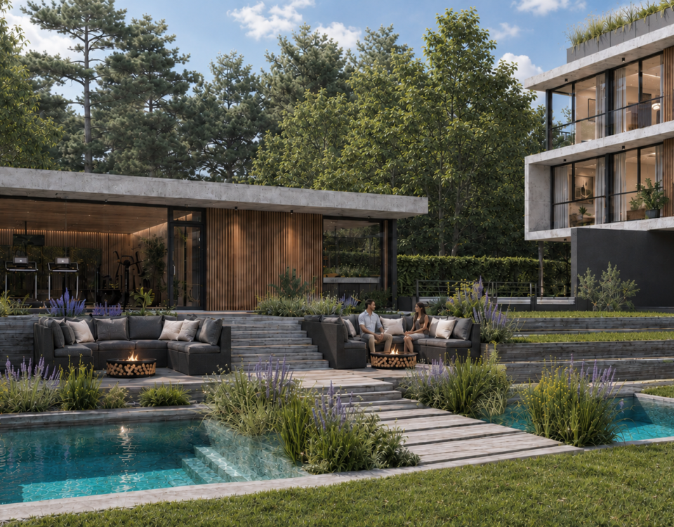 Render arquitectónico de BOTANICA Apparts en City Bell, que muestra el diseño contemporáneo del proyecto, su materialidad, sus espacios y la integración con la naturaleza.