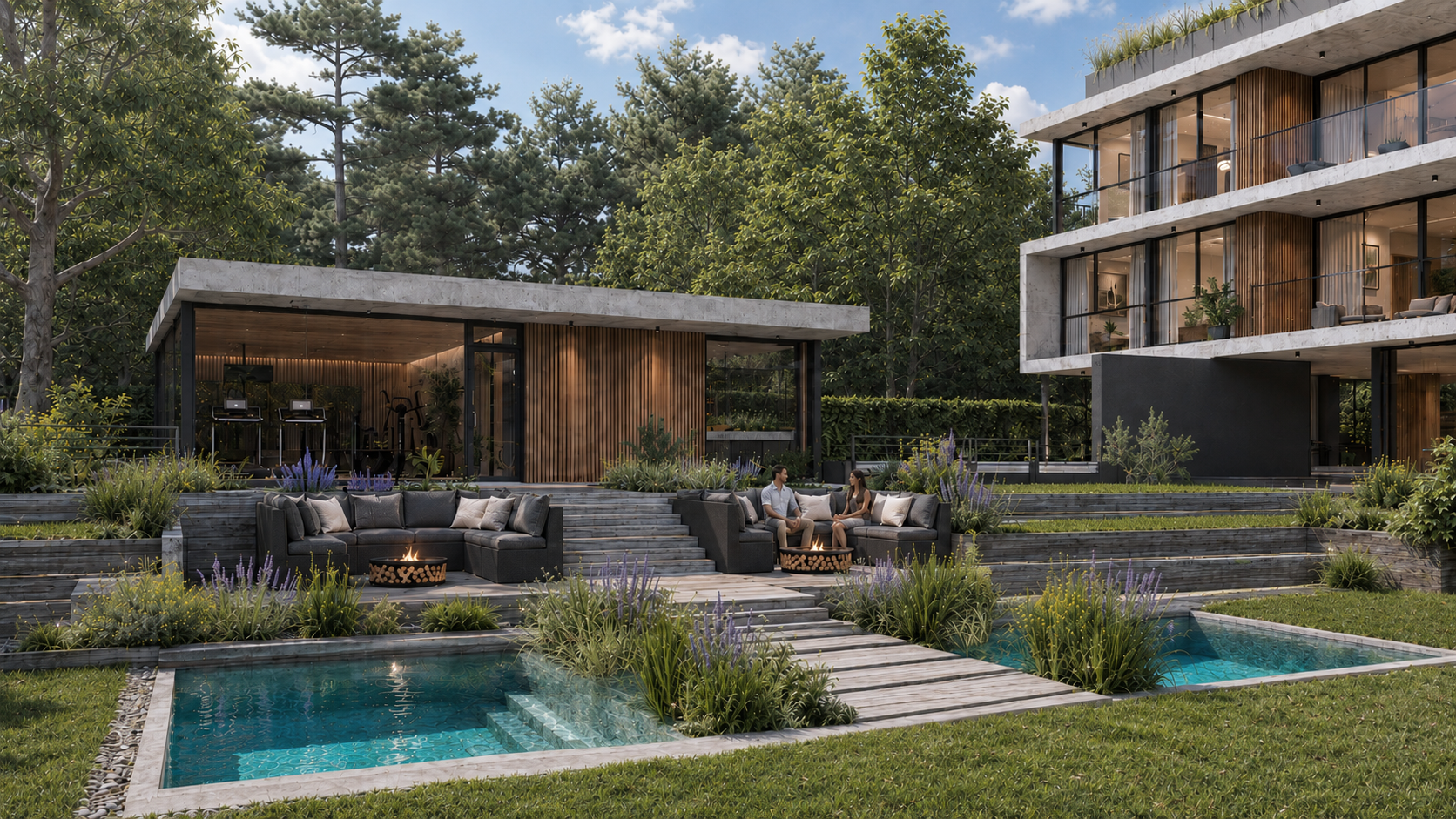 Render arquitectónico de BOTANICA Apparts en City Bell, que muestra el diseño contemporáneo del proyecto, su materialidad, sus espacios y la integración con la naturaleza.