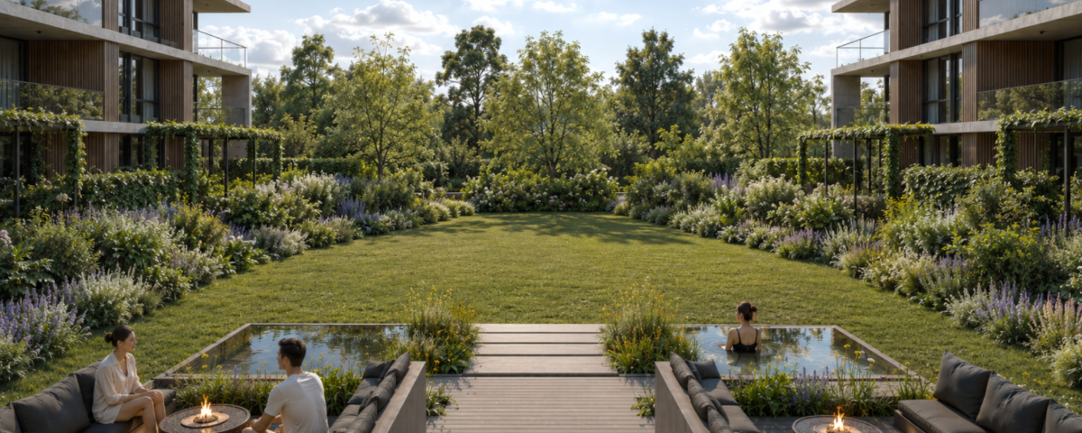 Render arquitectónico de BOTANICA Apparts en City Bell, que muestra el diseño contemporáneo del proyecto, su materialidad, sus espacios y la integración con la naturaleza.