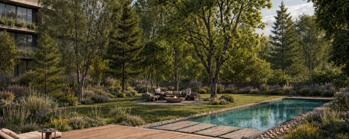 Render arquitectónico de BOTANICA Apparts en City Bell, que muestra el diseño contemporáneo del proyecto, su materialidad, sus espacios y la integración con la naturaleza.