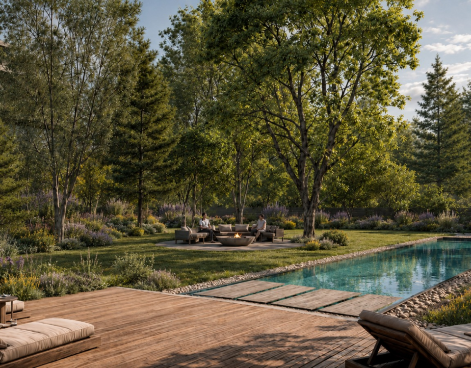 Render arquitectónico de BOTANICA Apparts en City Bell, que muestra el diseño contemporáneo del proyecto, su materialidad, sus espacios y la integración con la naturaleza.