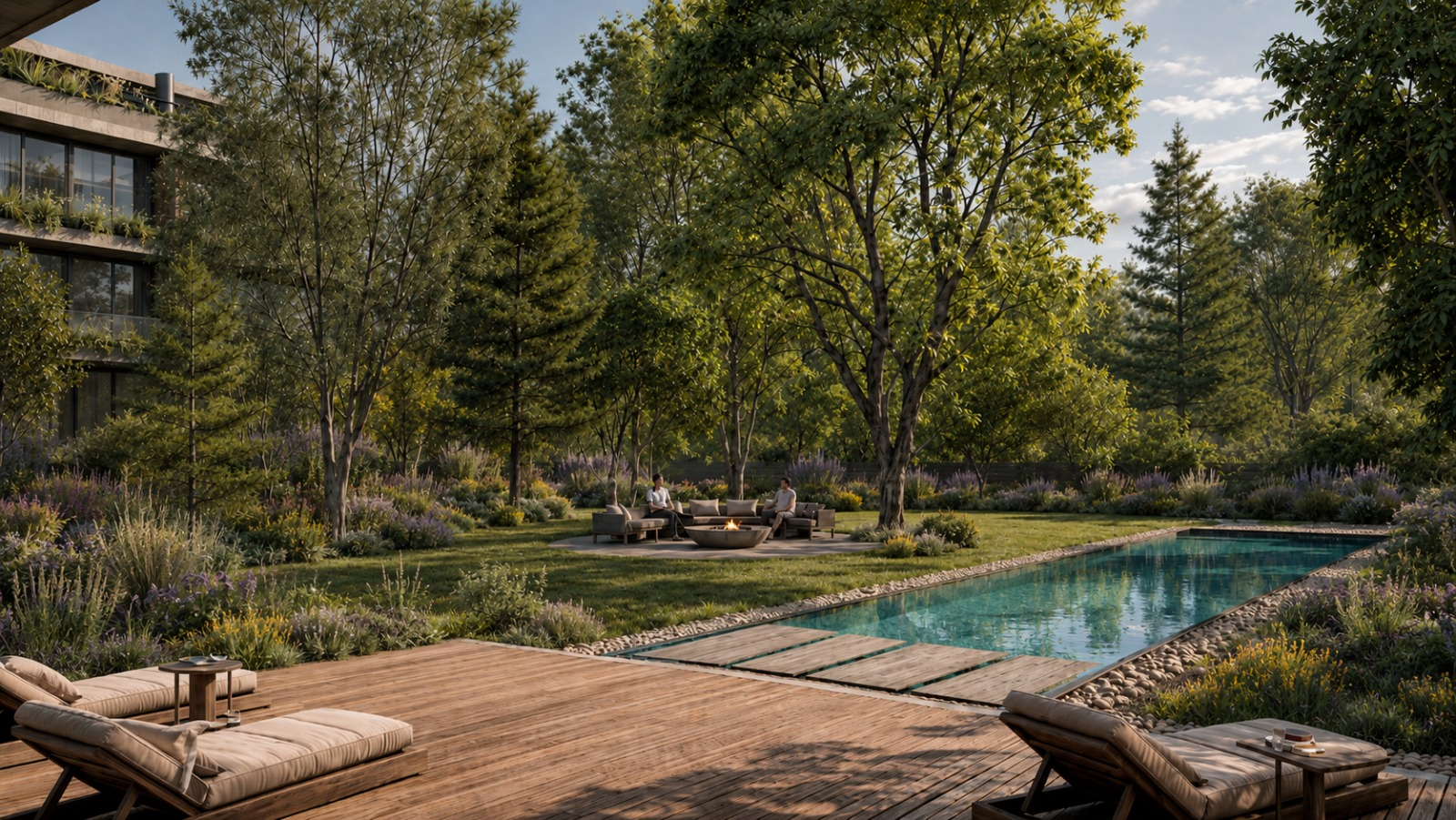 Render arquitectónico de BOTANICA Apparts en City Bell, que muestra el diseño contemporáneo del proyecto, su materialidad, sus espacios y la integración con la naturaleza.