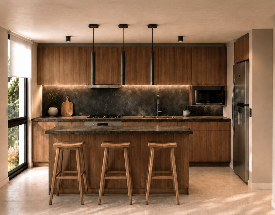 Render arquitectónico de BOTANICA Apparts en City Bell, que muestra el diseño contemporáneo del proyecto, su materialidad, sus espacios y la integración con la naturaleza.