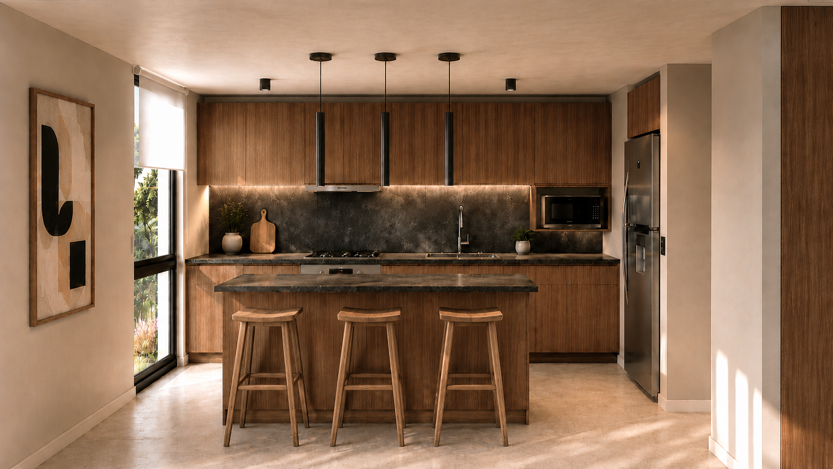 Render arquitectónico de BOTANICA Apparts en City Bell, que muestra el diseño contemporáneo del proyecto, su materialidad, sus espacios y la integración con la naturaleza.