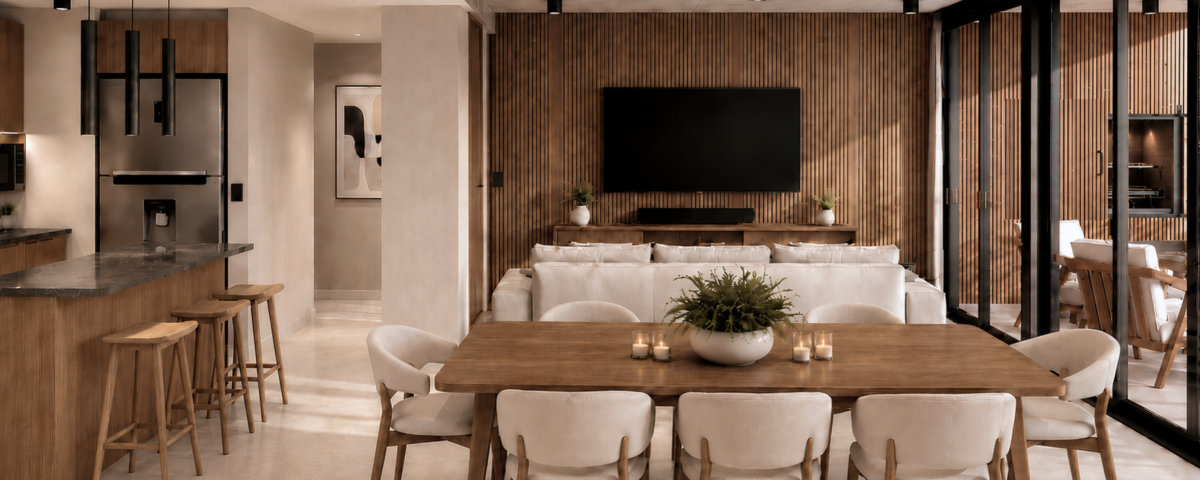 Render arquitectónico de BOTANICA Apparts en City Bell, que muestra el diseño contemporáneo del proyecto, su materialidad, sus espacios y la integración con la naturaleza.