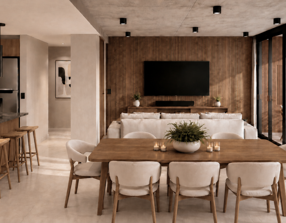 Render arquitectónico de BOTANICA Apparts en City Bell, que muestra el diseño contemporáneo del proyecto, su materialidad, sus espacios y la integración con la naturaleza.