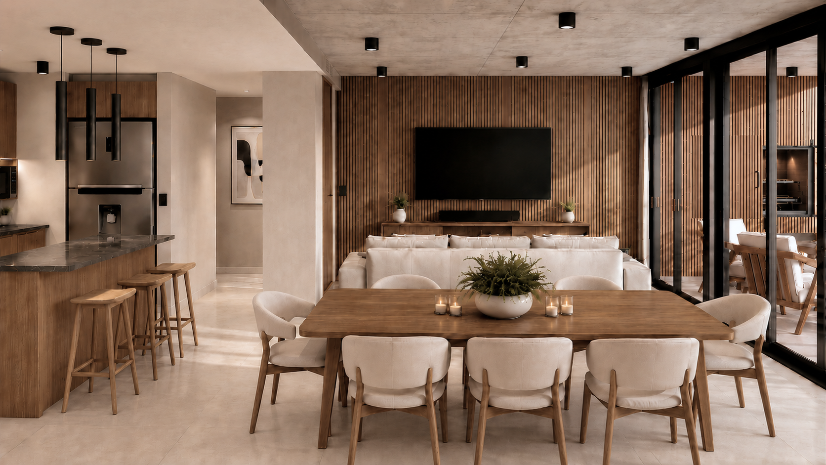 Render arquitectónico de BOTANICA Apparts en City Bell, que muestra el diseño contemporáneo del proyecto, su materialidad, sus espacios y la integración con la naturaleza.