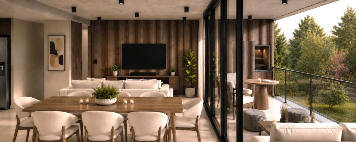 Render arquitectónico de BOTANICA Apparts en City Bell, que muestra el diseño contemporáneo del proyecto, su materialidad, sus espacios y la integración con la naturaleza.
