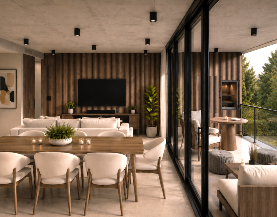Render arquitectónico de BOTANICA Apparts en City Bell, que muestra el diseño contemporáneo del proyecto, su materialidad, sus espacios y la integración con la naturaleza.