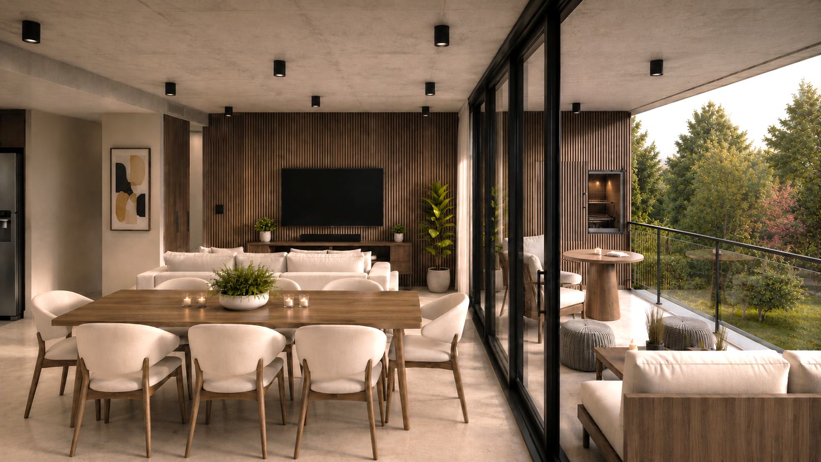 Render arquitectónico de BOTANICA Apparts en City Bell, que muestra el diseño contemporáneo del proyecto, su materialidad, sus espacios y la integración con la naturaleza.